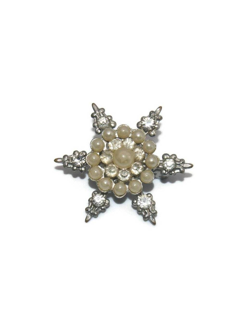 VTG Silver Tone, Faux Pearls and Clear Rhinestones Radial Star, Snowflake Brooch